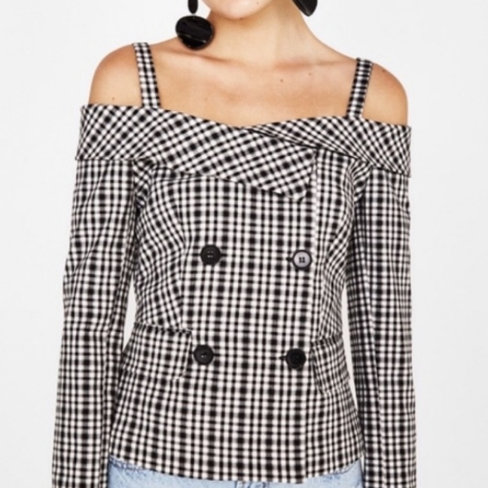 BERKSHA Plaid Double Breasted Off the Shoulder Top Blazer Lg.